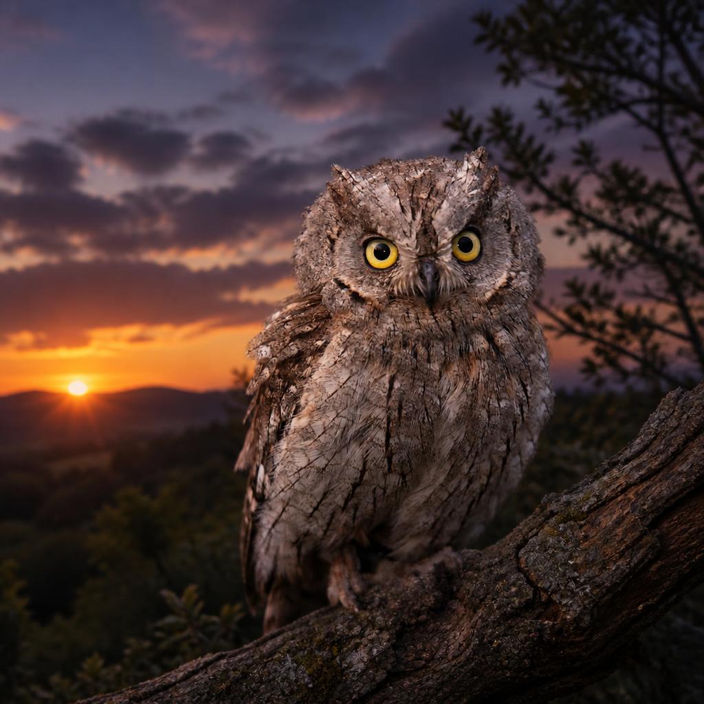 Hibou petit duc au coucher du soleil